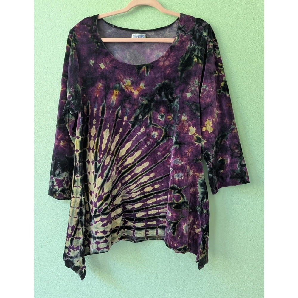 Mexicali Blues Purple Tie Dye Velvet Tunic Top Boho Lagenlook 3/4 Sleeve Nepal